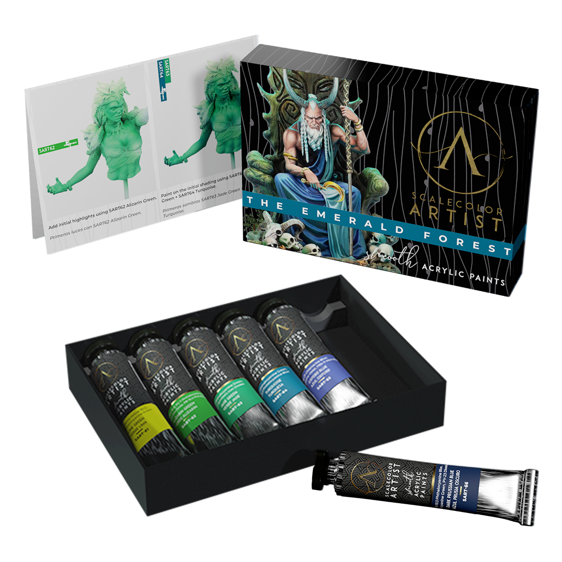 ScaleColour Artist "The Emerald Forest" acrylic paint set: 5 tubes in a box, 1 loose tube, and an instruction card.