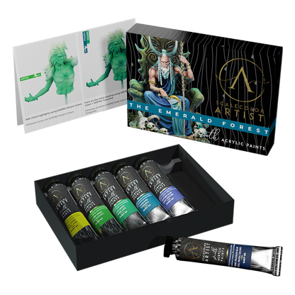ScaleColour Artist "The Emerald Forest" acrylic paint set: 5 tubes in a box, 1 loose tube, and an instruction card.