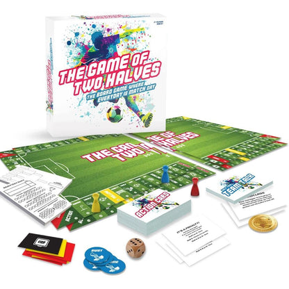 Soccer board game "The Game of Two Halves," displayed with its field board, box, action cards, pawns and dice