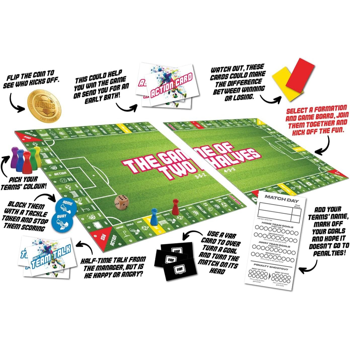 Setup of "The Game of Two Halves" football board game, displaying the pitch board, pawns, tokens, dice and cards