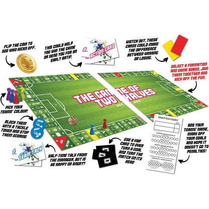 Setup of "The Game of Two Halves" football board game, displaying the pitch board, pawns, tokens, dice and cards