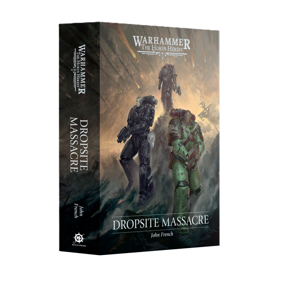 Warhammer: Dropsite Massacre box cover showing three Space Marines in black and green armor on a battlefield