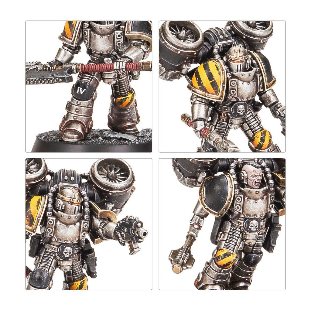 Four close-ups of a detailed sci-fi miniature warrior in silver armor with black and yellow hazard stripes