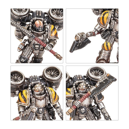 Four panels of a detailed Astartes miniature in silver jump pack armor with yellow hazard stripes, holding melee weapons