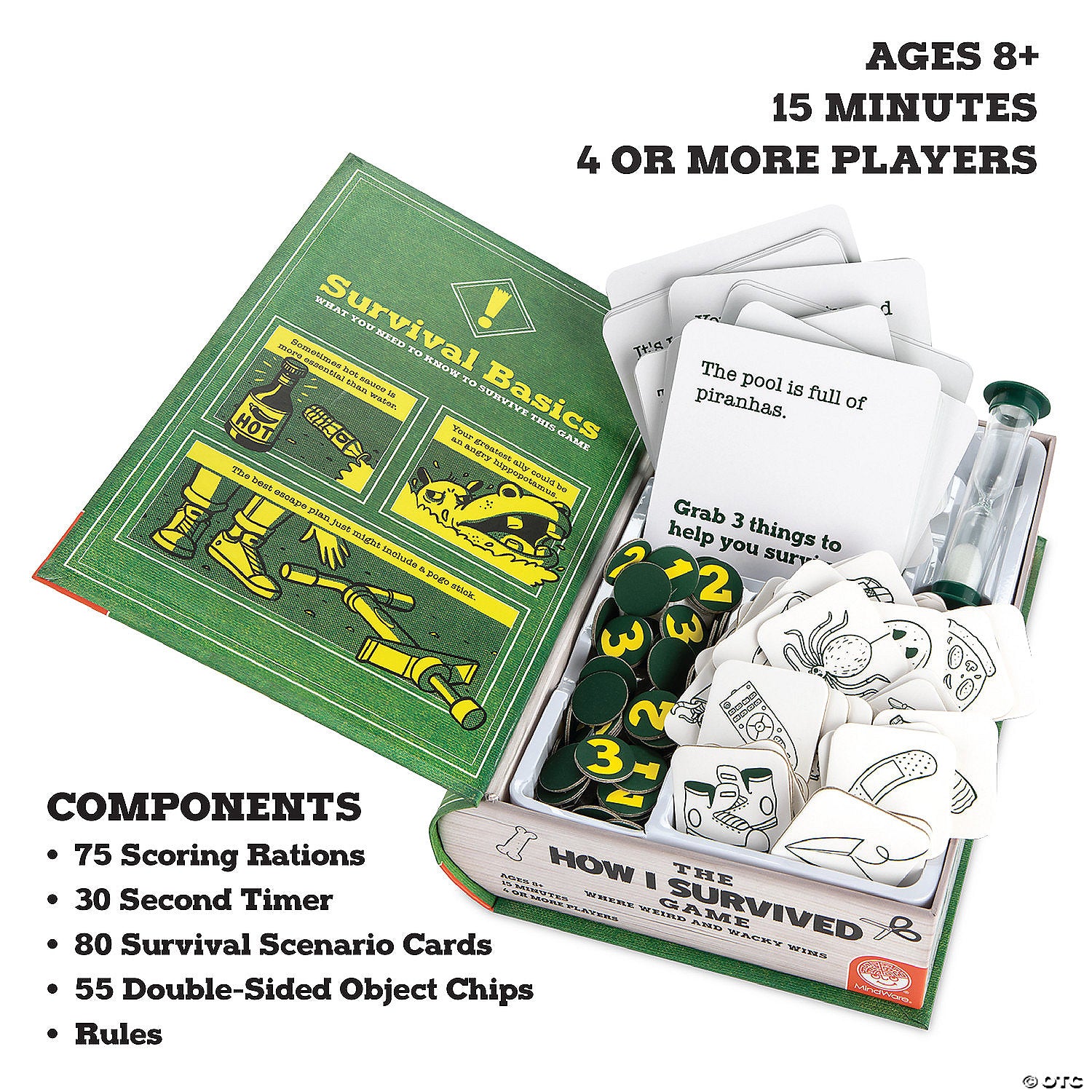 Open "How I Survived The Game" box displaying cards, tokens, hourglass timer, and an illustrated survival guide