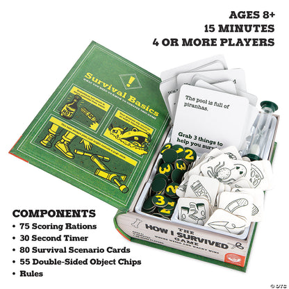 Open "How I Survived The Game" box displaying cards, tokens, hourglass timer, and an illustrated survival guide