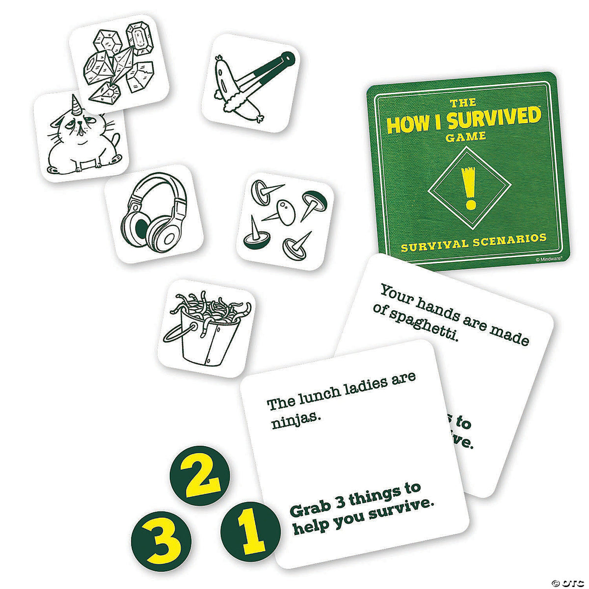 Components for The How I Survived Game: green cards, white scenario cards, item tiles (unicorn cat, spaghetti bucket), and number tokens