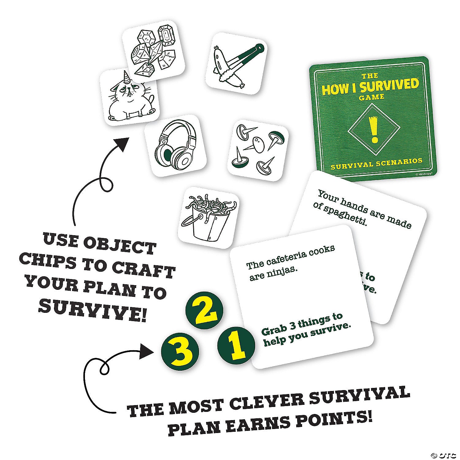 Components of 'The How I Survived Game', including object chips (cat, crossbow) and scenario cards to create survival plans
