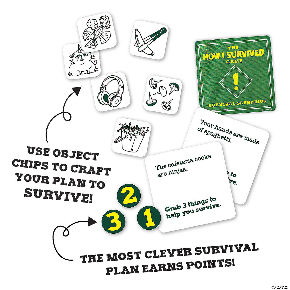Components of &#39;The How I Survived Game&#39;, including object chips (cat, crossbow) and scenario cards to create survival plans