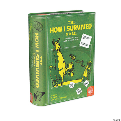 Green book-shaped box for "The How I Survived Game" showing a yellow llama, boy with slingshot, and survival items