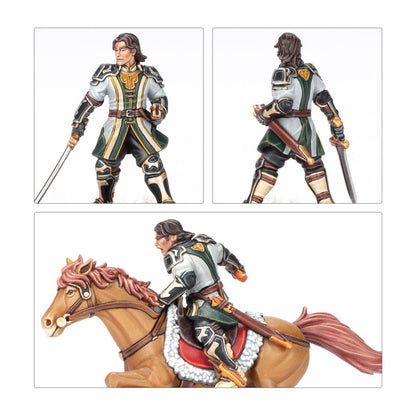 Hand-painted fantasy warrior miniature shown in three views: standing in armor, and mounted on a brown horse