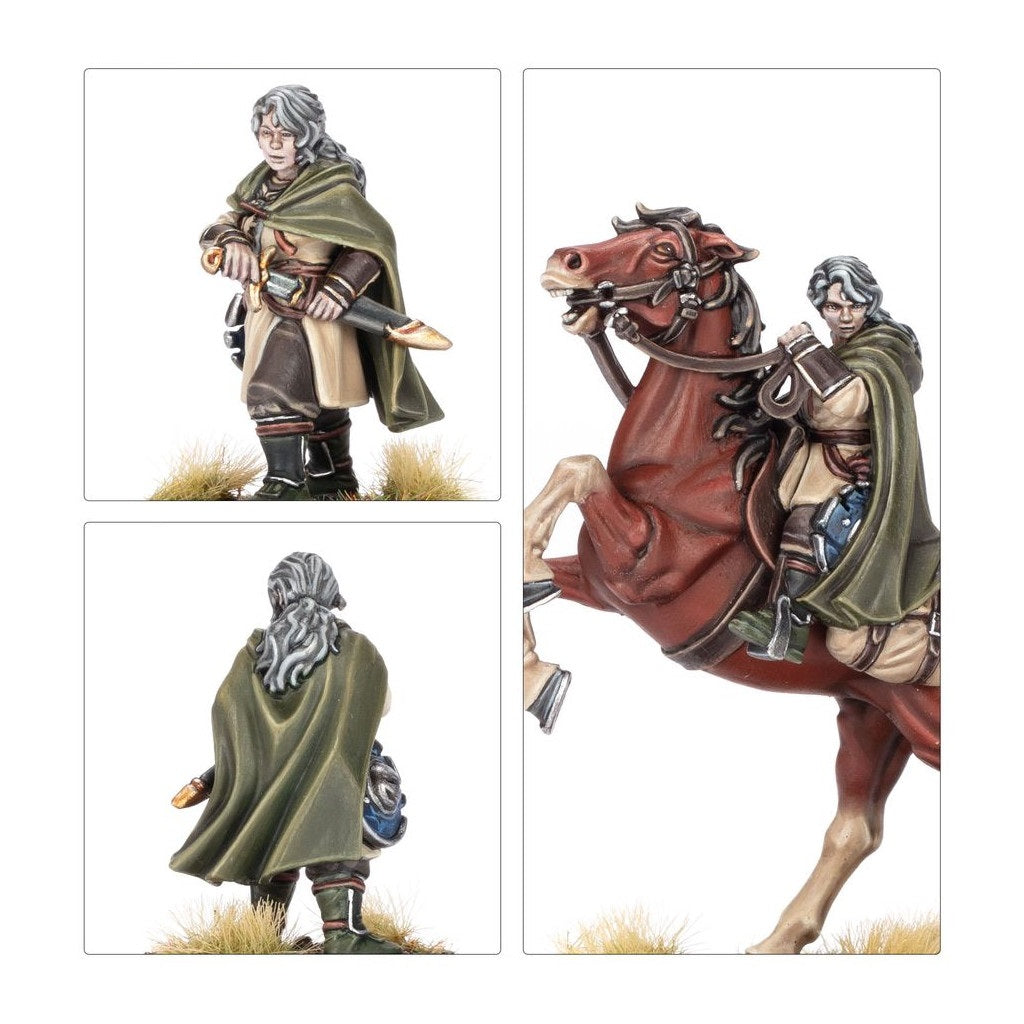 Hand-painted miniature set: Cloaked fantasy warrior (on foot holding a sword, and mounted on a rearing horse)