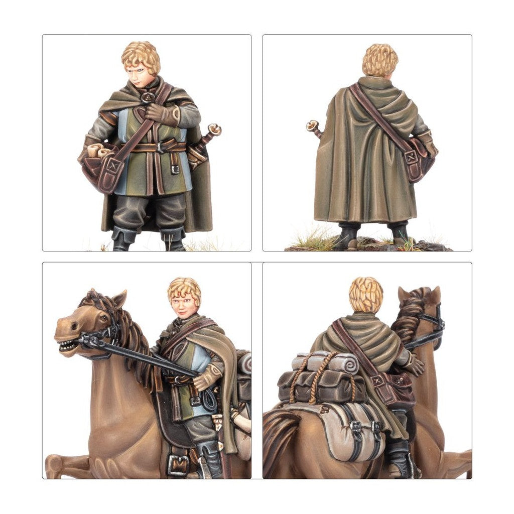 Wargaming miniature set showing a traveler standing and mounted on a packed horse