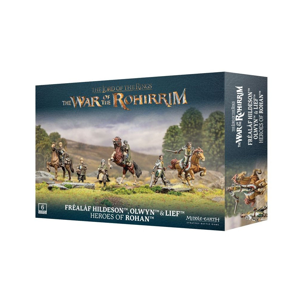 The War of the Rohirrim: Heroes of Rohan game box featuring six Middle-earth miniatures, including riders and figures on foot