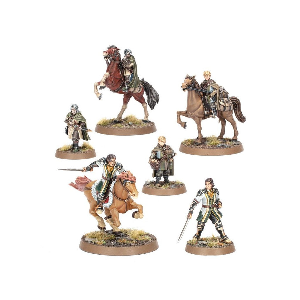 Six hand-painted fantasy miniatures: four riders on horses and two warriors on foot
