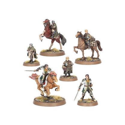 Six hand-painted fantasy miniatures: four riders on horses and two warriors on foot