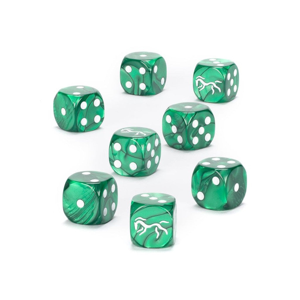 Seven green marbled dice with white pips, including two showing a white horse symbol
