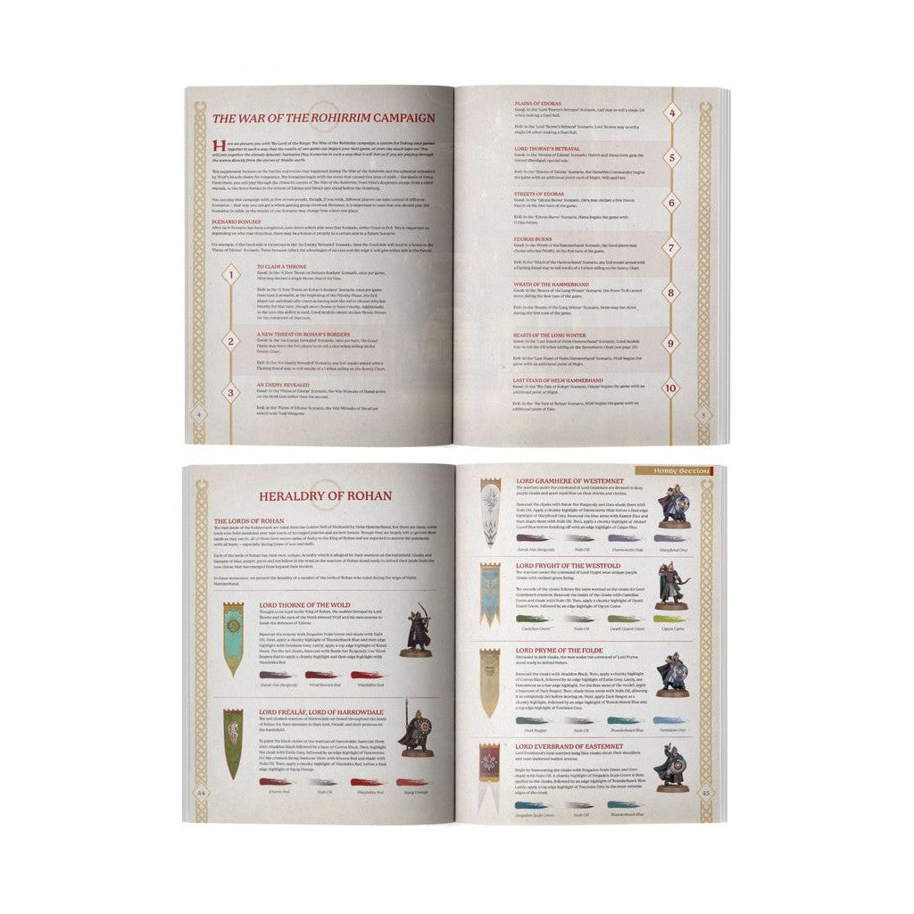 Open rulebook showing "War of the Rohirrim Campaign" scenarios and Rohan miniature painting guides with heraldry