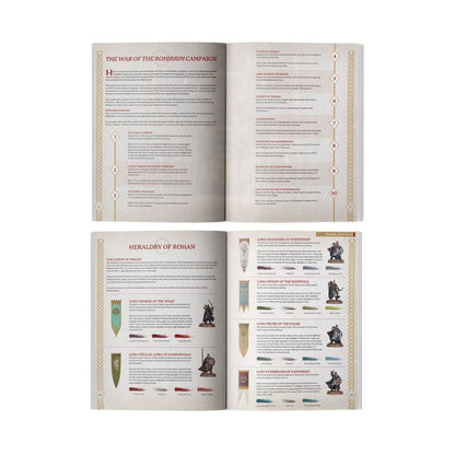 Open rulebook showing "War of the Rohirrim Campaign" scenarios and Rohan miniature painting guides with heraldry