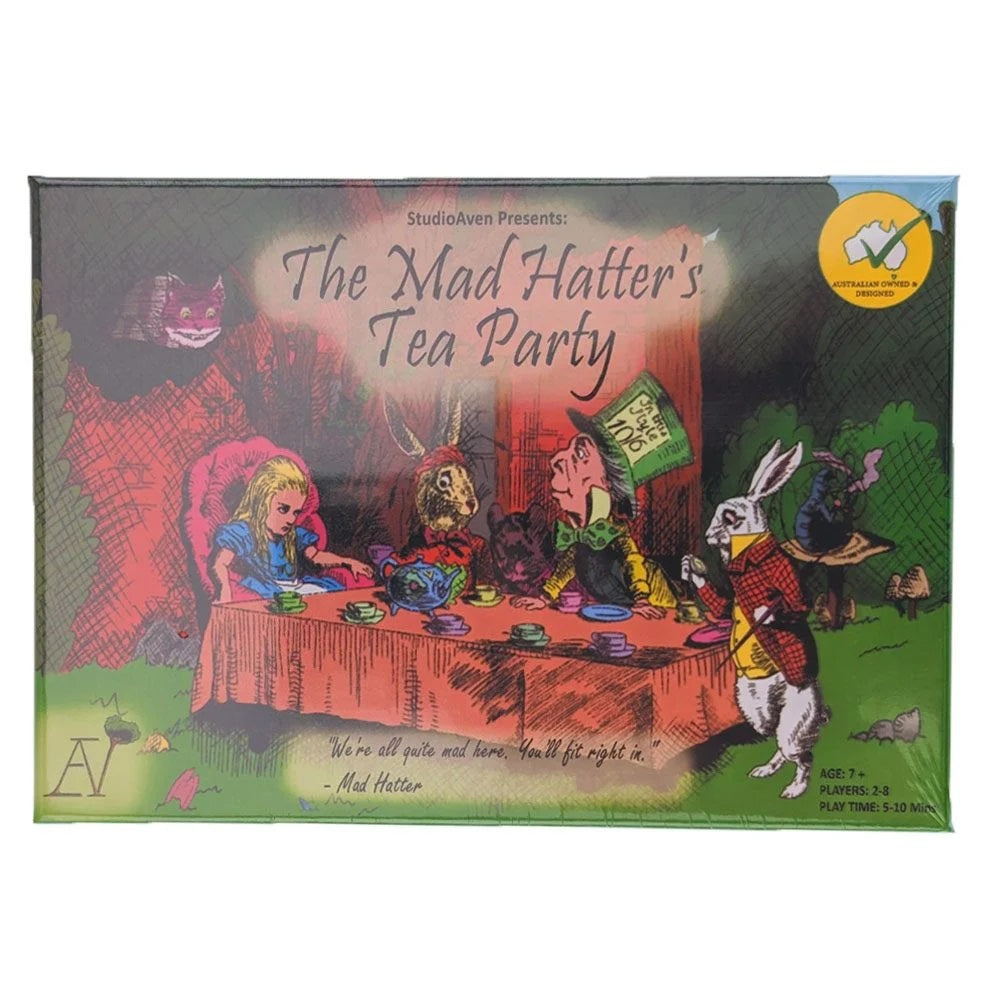 A board game box cover for &quot;The Mad Hatter&#39;s Tea Party&quot; showing Alice, Mad Hatter, and others at a tea party