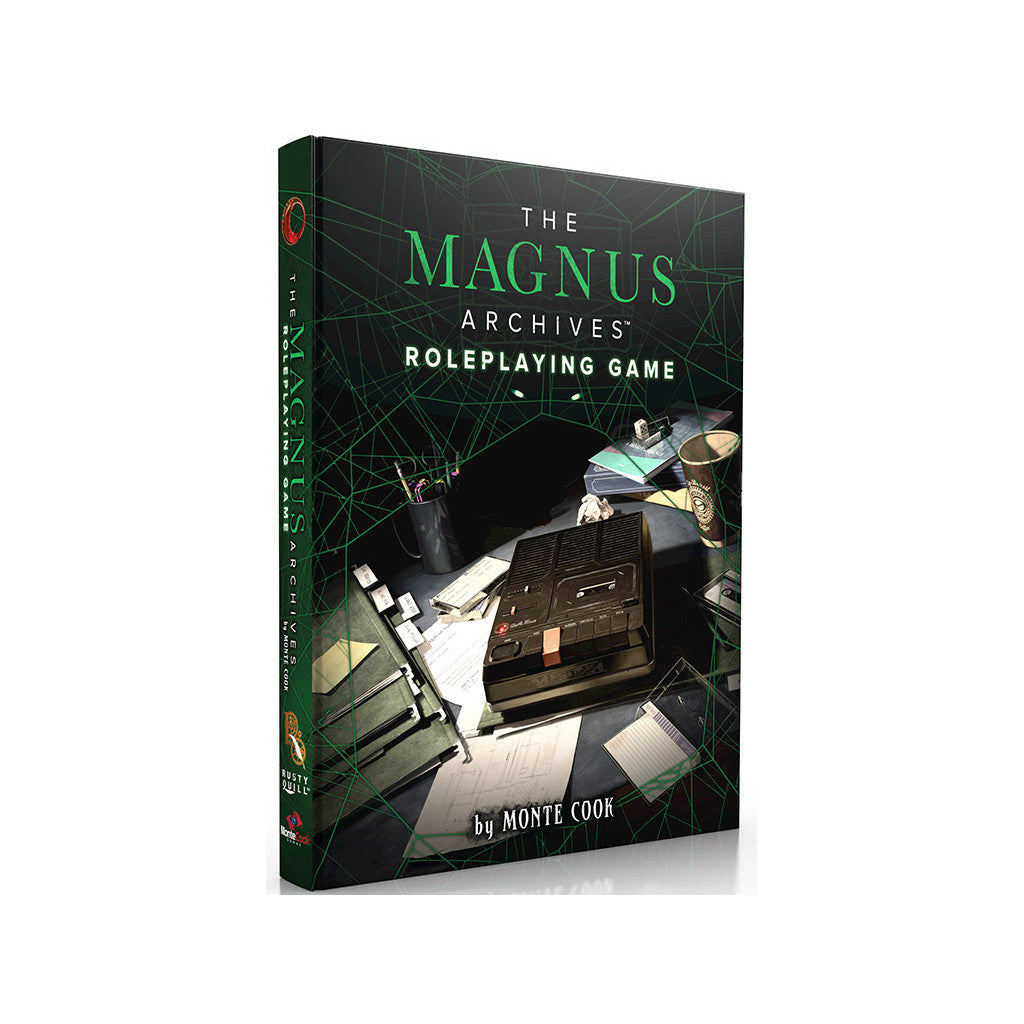 The Magnus Archives Roleplaying Game rulebook. Dark cover features a desk with a tape recorder and green lines