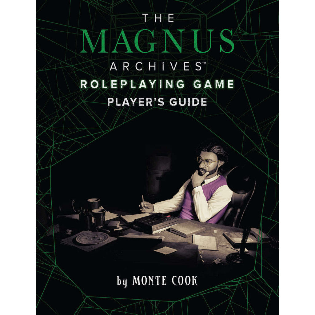 The Magnus Archives RPG Player's Guide cover: A man with glasses ponders at a desk, surrounded by notes and old tech