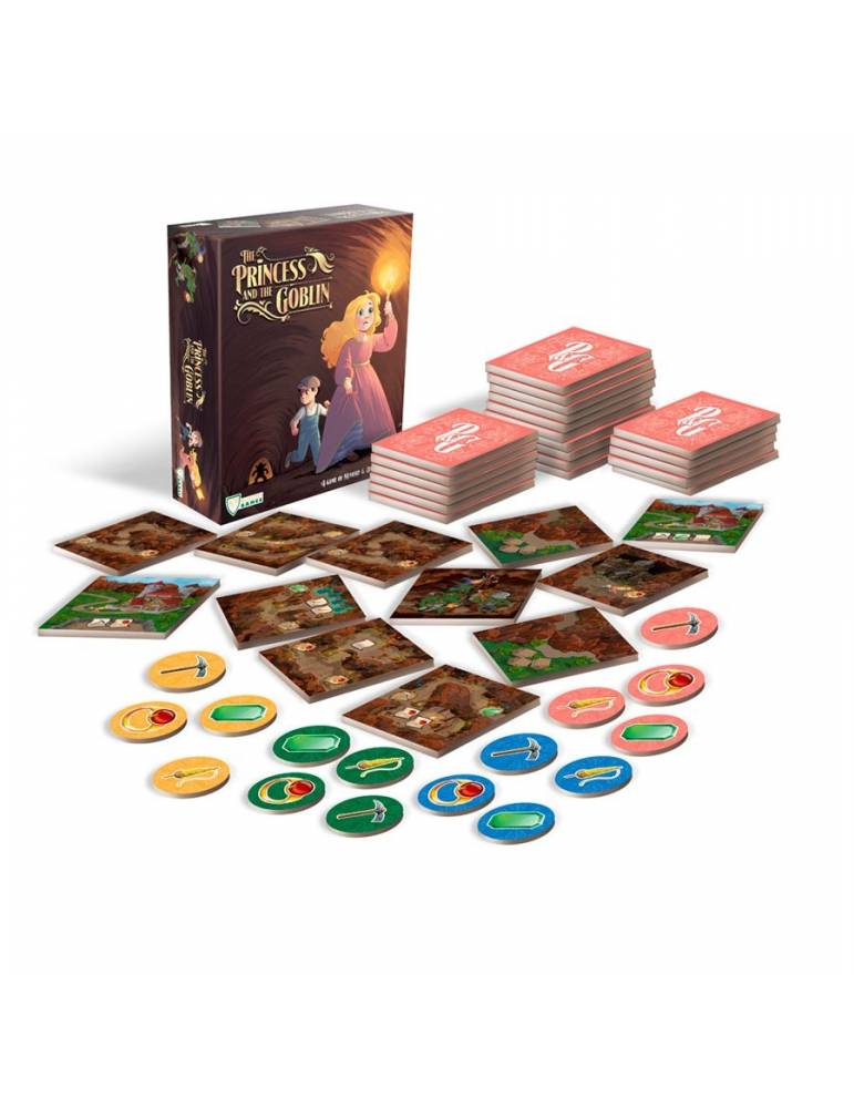 The Princess and the Goblin board game box, with stacks of cards, map tiles, and colorful tokens spread out