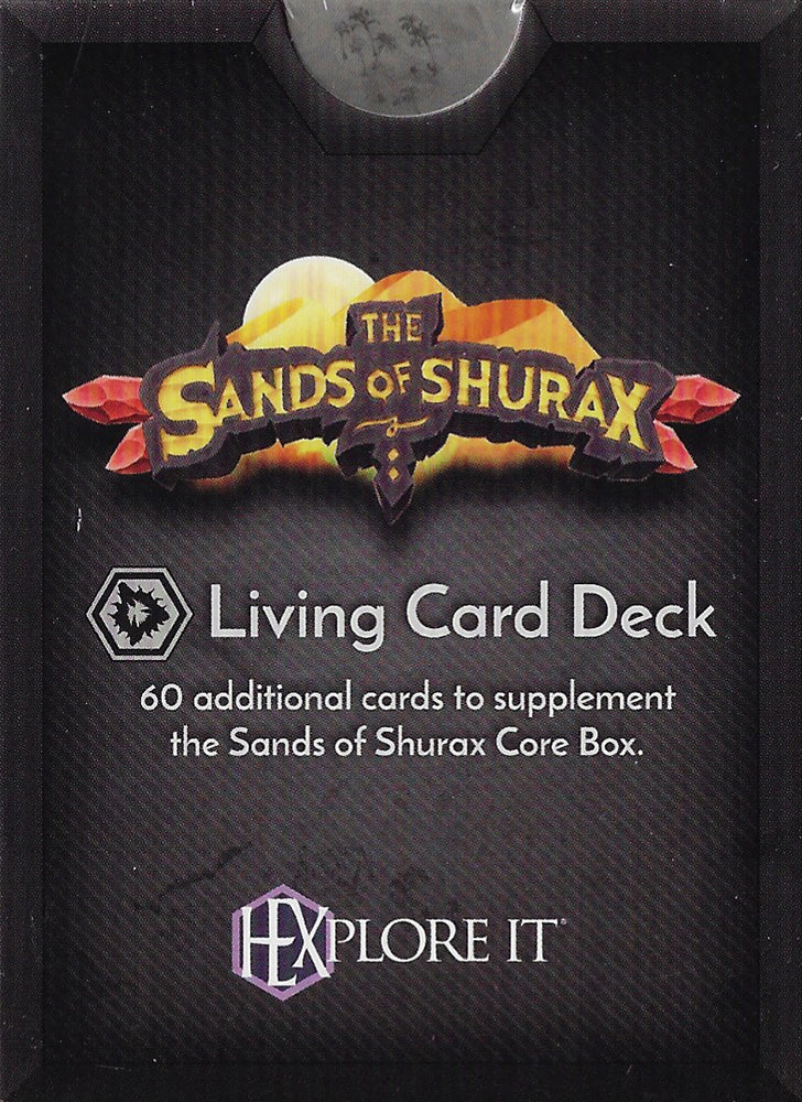 The Sands of Shurax Living Card Deck packaging. Desert sun and dunes logo. Includes 60 additional cards for the Hexplore It core game.