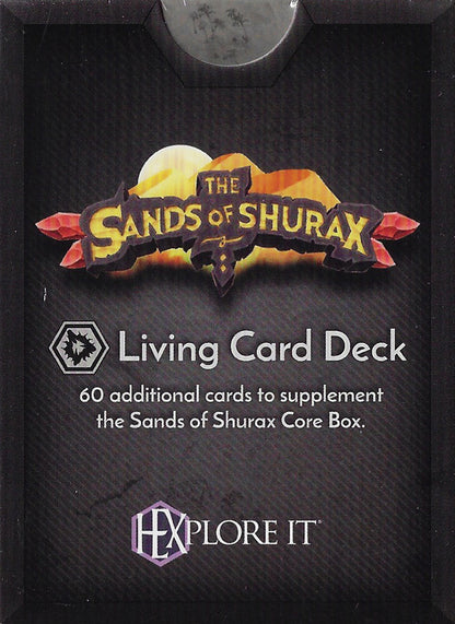 The Sands of Shurax Living Card Deck packaging. Desert sun and dunes logo. Includes 60 additional cards for the Hexplore It core game.