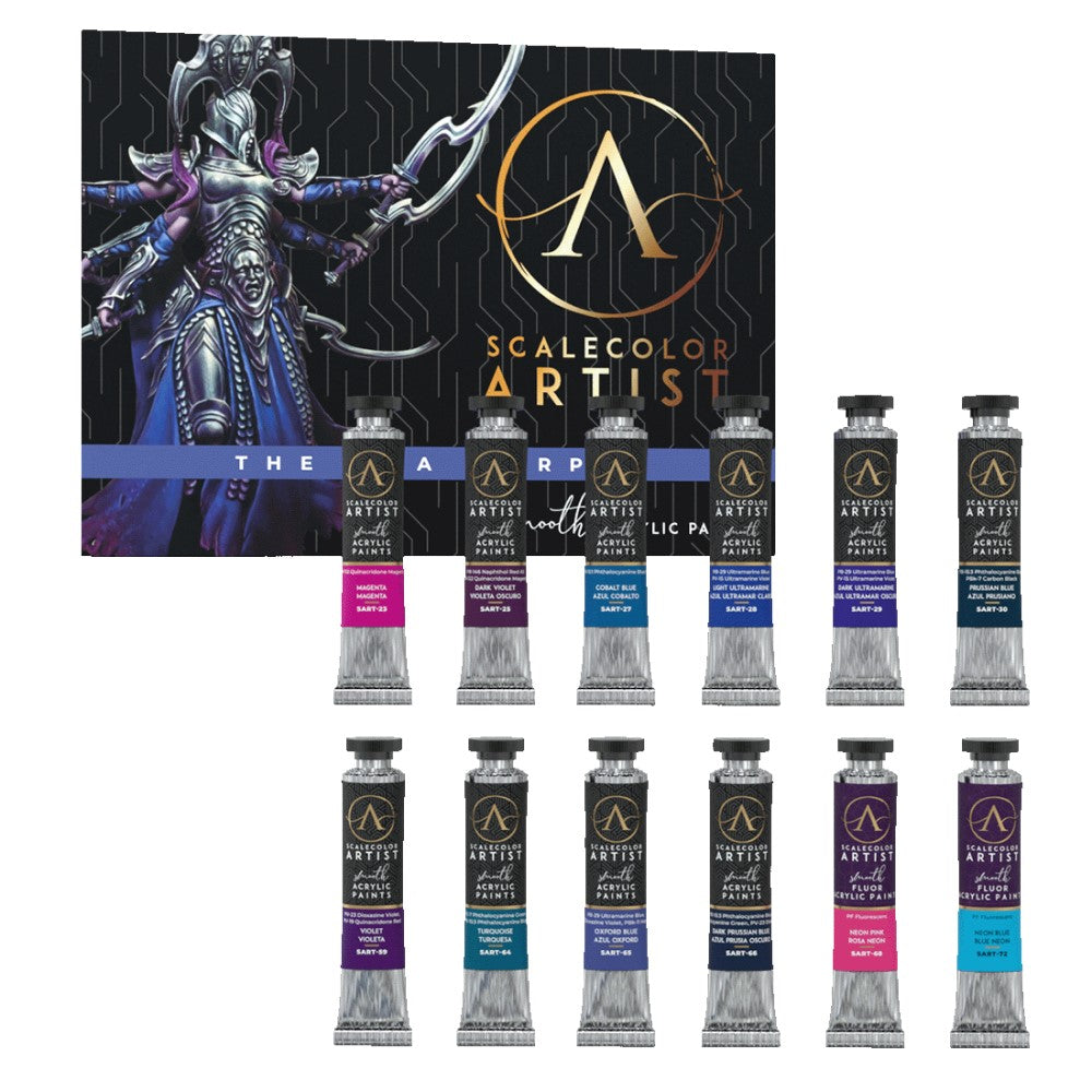 Scale 75 Scalecolor Artist Aclylics Heavy Body Paint 12-piece set, The Sea Purpple edition, with blue and purple tubes and dark fantasy-art packaging