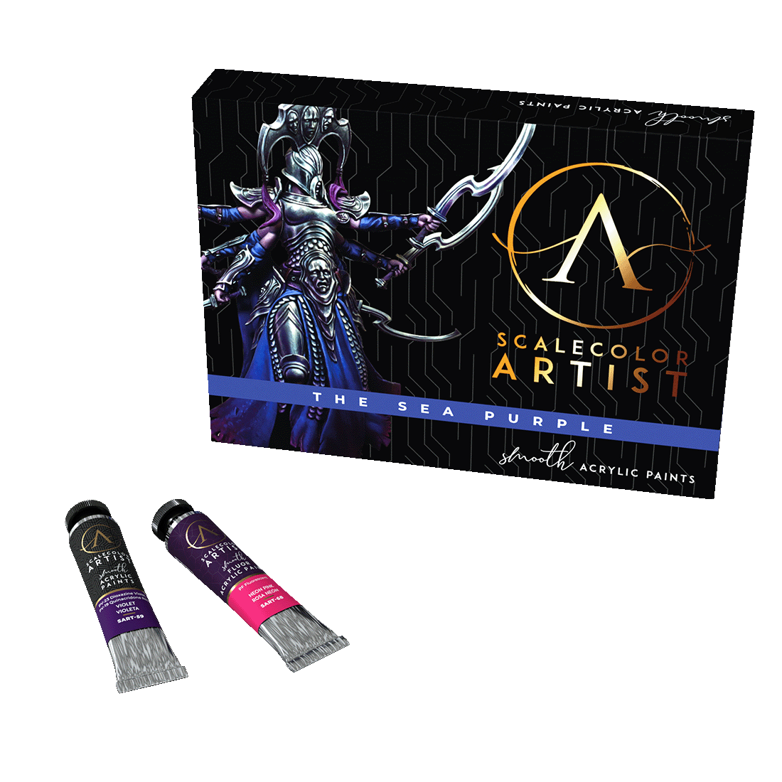 The Scale 75 Scalecolor Artist Heavy Body Acrylics The Sea Purple 12-piece set box with a warrior illustration is shown with a violet and a neon pink paint tube