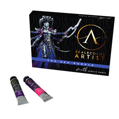 The Scale 75 Scalecolor Artist Heavy Body Acrylics The Sea Purple 12-piece set box with a warrior illustration is shown with a violet and a neon pink paint tube