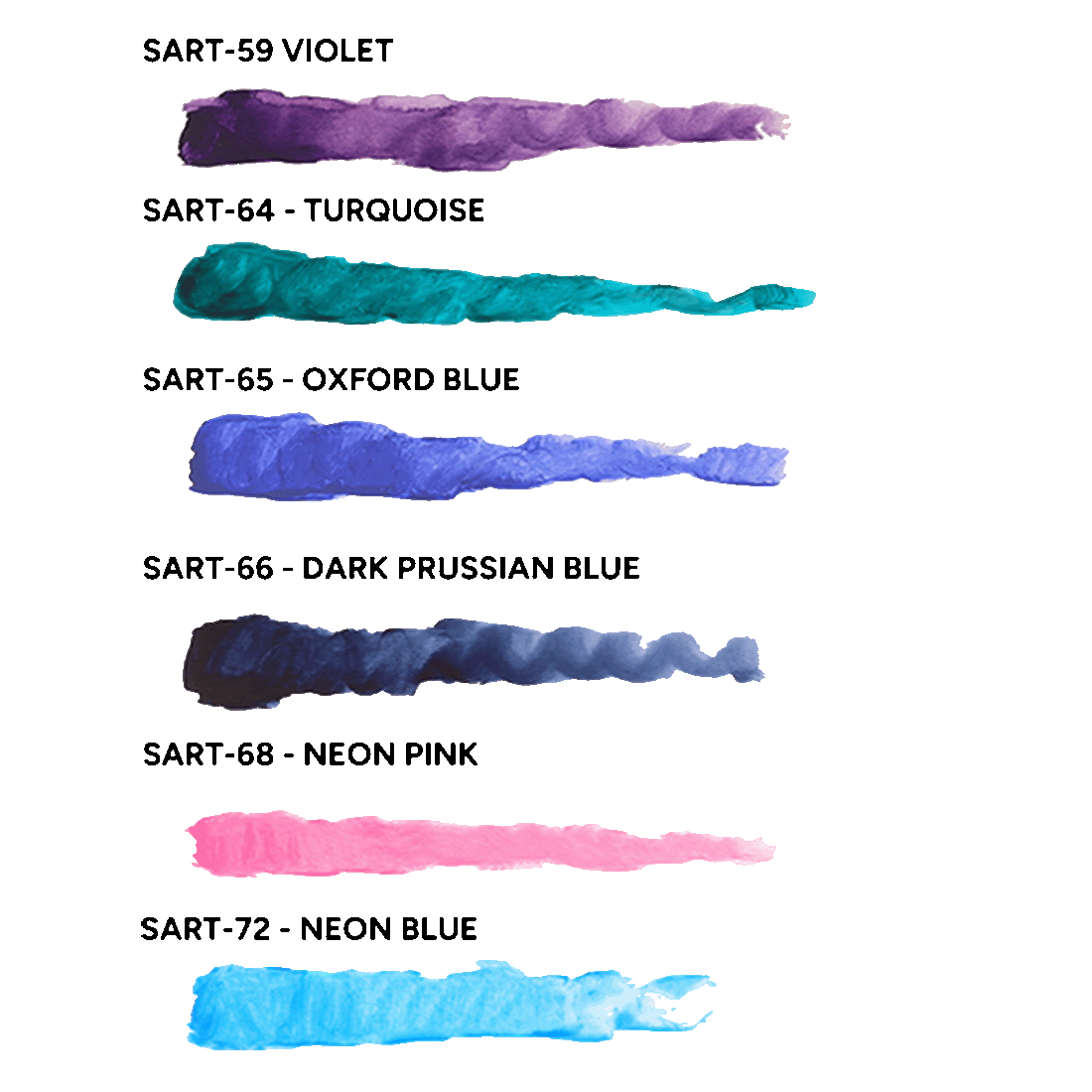 Six horizontal color swatches for Scale 75 Scalecolor Artist Acrylics in violet, turquoise, oxford blue, dark prussian blue, neon pink, and neon blue