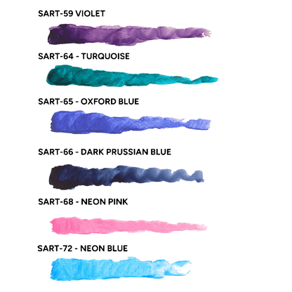 Six horizontal color swatches for Scale 75 Scalecolor Artist Acrylics in violet, turquoise, oxford blue, dark prussian blue, neon pink, and neon blue