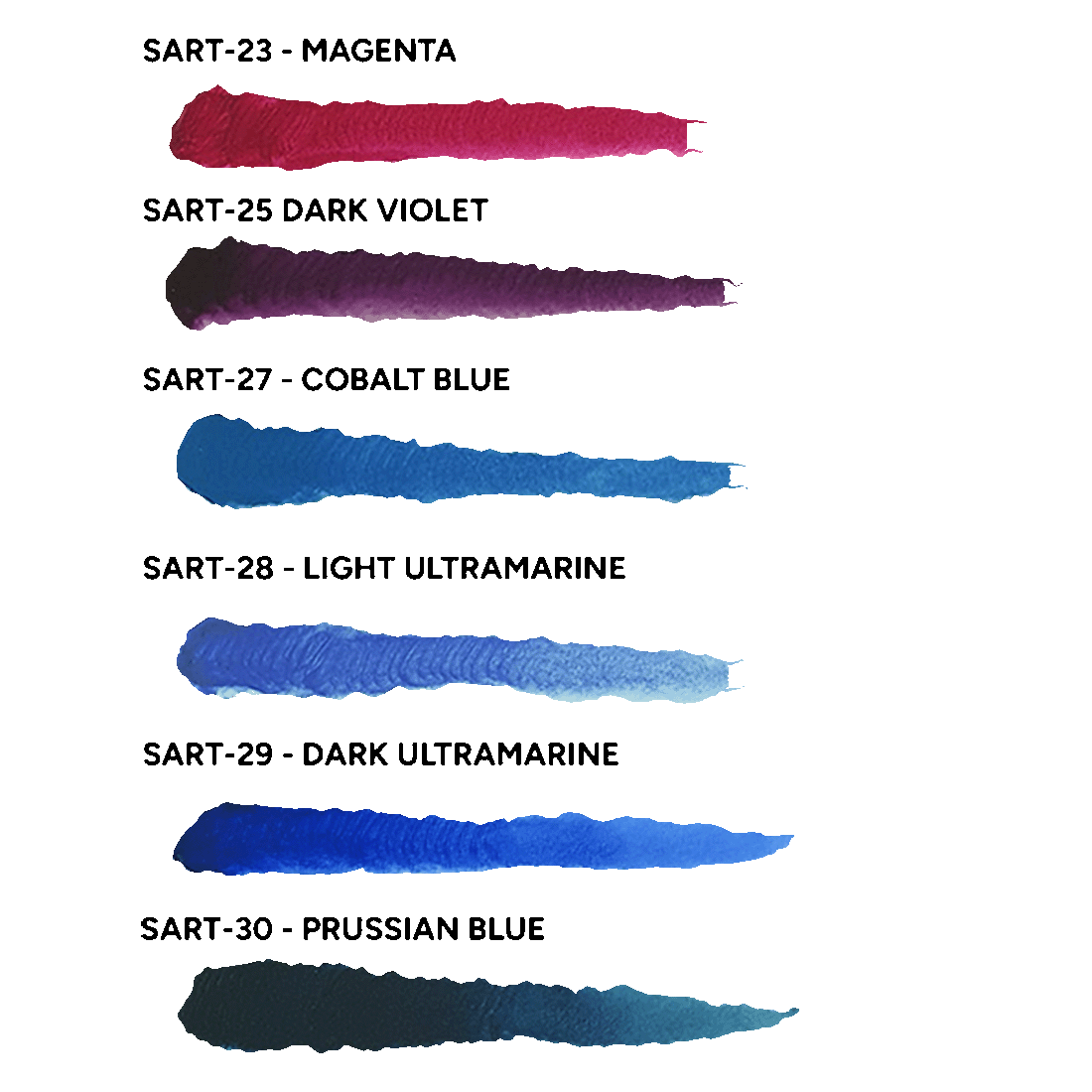 Six paint swatches from the Scale 75 Artist Heavy Body set show magenta, dark violet, cobalt blue, light ultramarine, dark ultramarine, and prussian blue