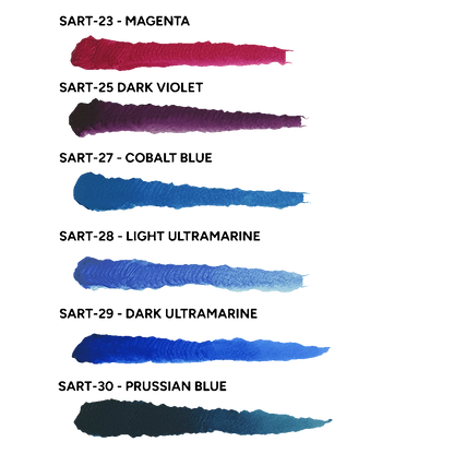 Six paint swatches from the Scale 75 Artist Heavy Body set show magenta, dark violet, cobalt blue, light ultramarine, dark ultramarine, and prussian blue