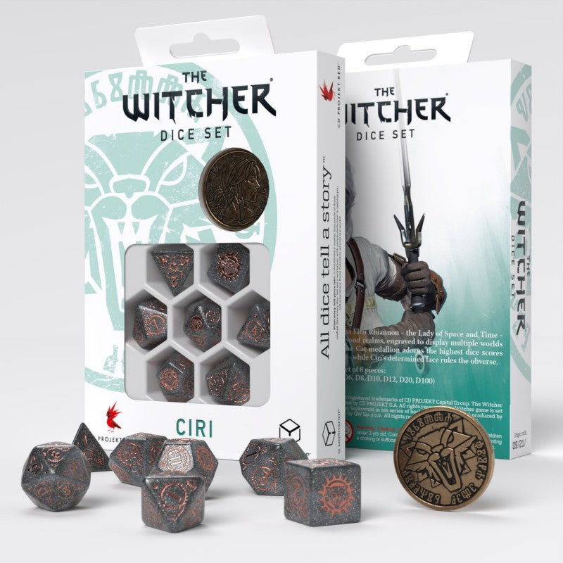 Q Workshop The Witcher Ciri Elder of Blood Dice Set featuring dark grey dice with copper markings and a wolf medallion, displayed in and out of their box