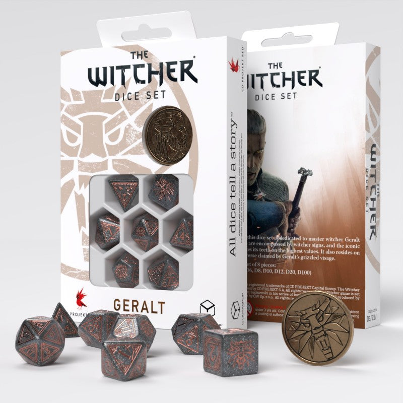 Q Workshop The Witcher Geralt Price of Neutrality Dice Set: grey & bronze polyhedral dice, a medallion coin, and two product boxes