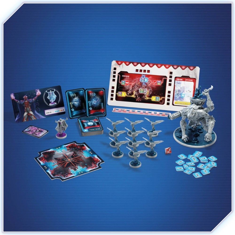 A tabletop game setup with a large grey sci-fi monster miniature, a squad of winged figures, cards, game board, and tokens on blue.
