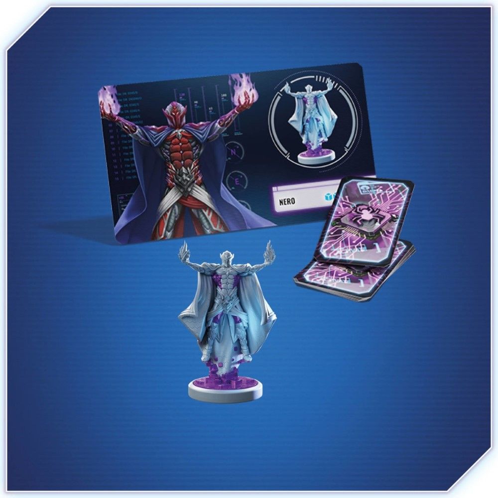 Nero game miniature with raised arms, its character card showing purple flames, and a stack of purple ability cards.