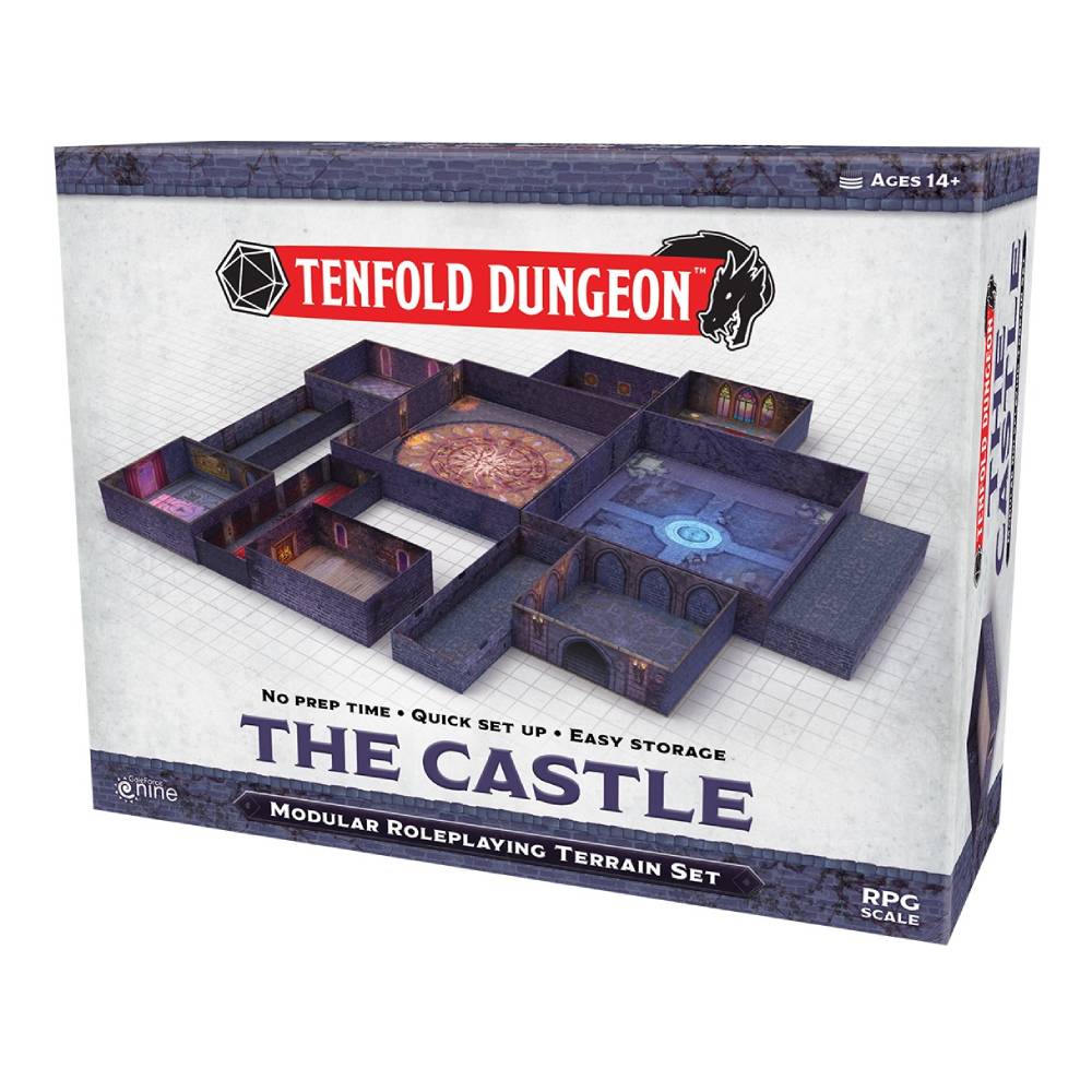 Box for Tenfold Dungeon: The Castle modular RPG terrain set, displaying a dark stone castle layout