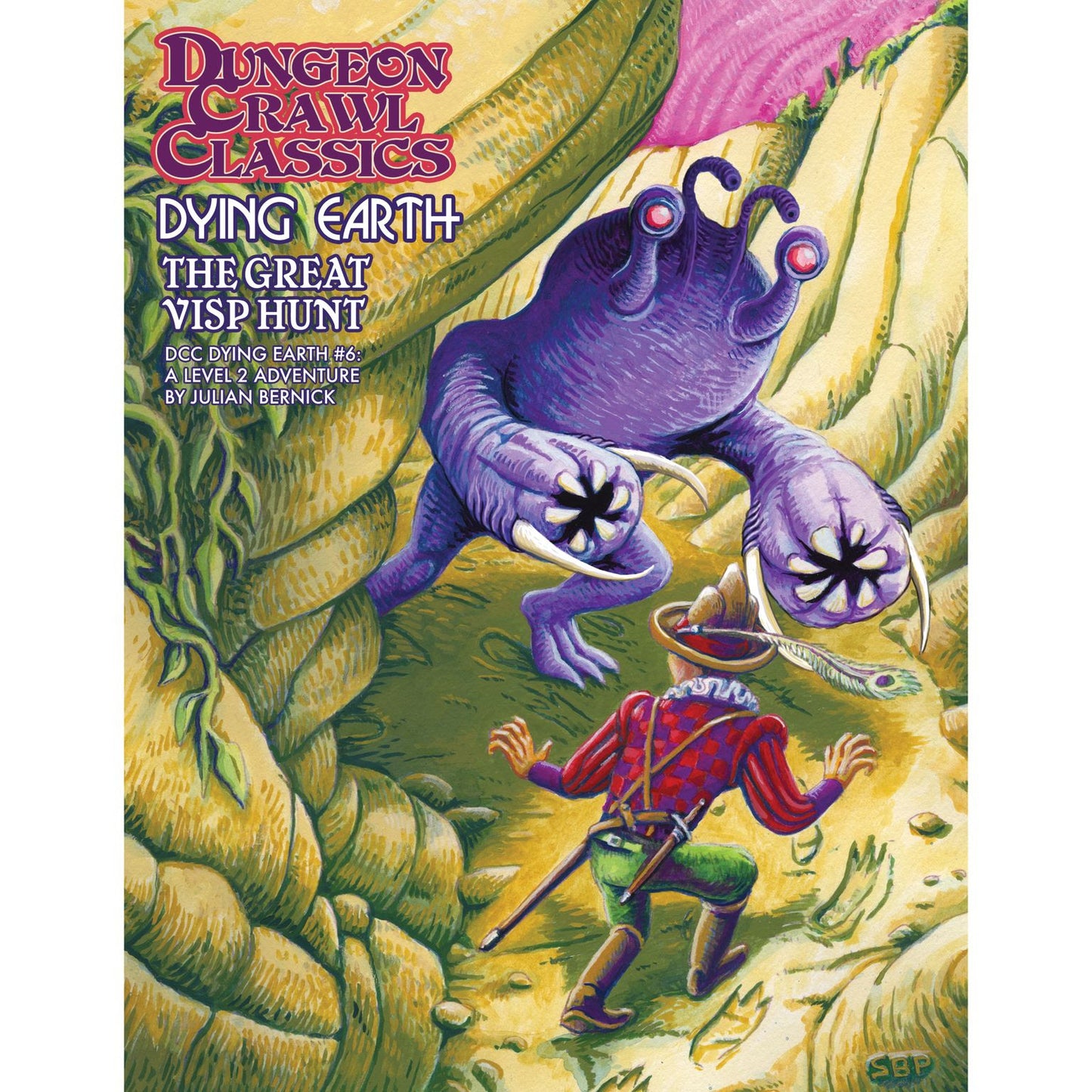 Purple, stalk-eyed monster with large claws chases a red & green checkered adventurer up a rocky hill