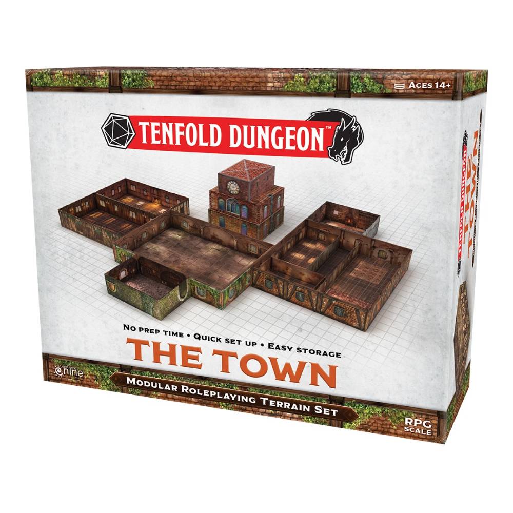 Tenfold Dungeon: The Town RPG terrain set box, showing modular brown dungeon and town pieces