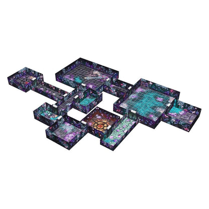 Isometric view of connected modular fantasy tabletop RPG tiles. Rooms feature glowing purple, blue, and green forest designs with a grid