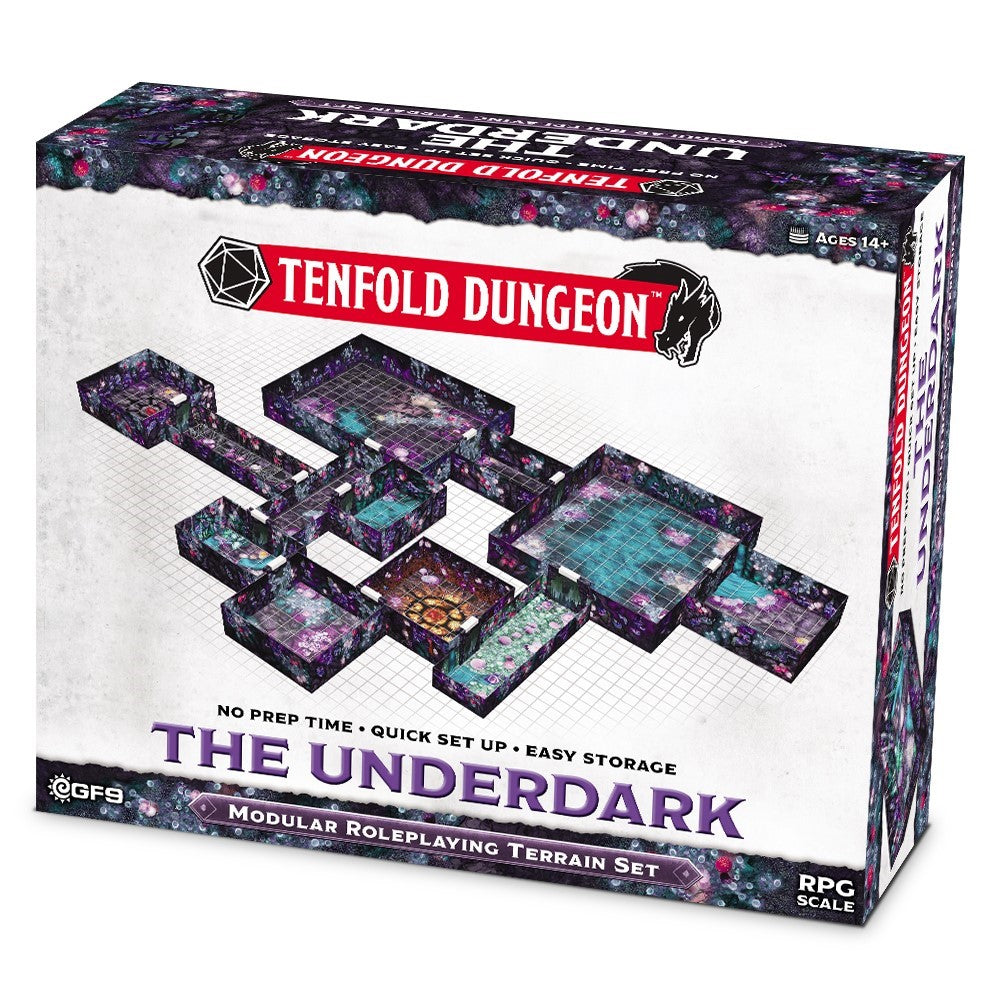 Tenfold Dungeon: The Underdark box, displaying modular fantasy RPG terrain tiles