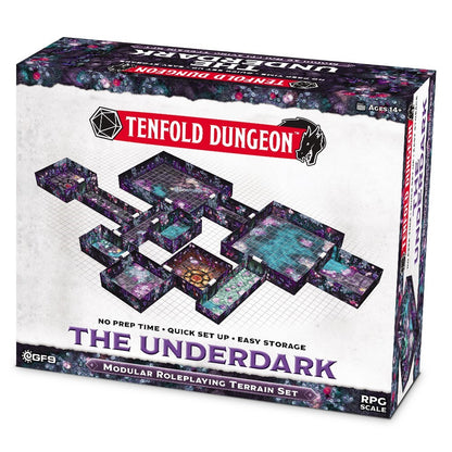 Tenfold Dungeon: The Underdark box, displaying modular fantasy RPG terrain tiles