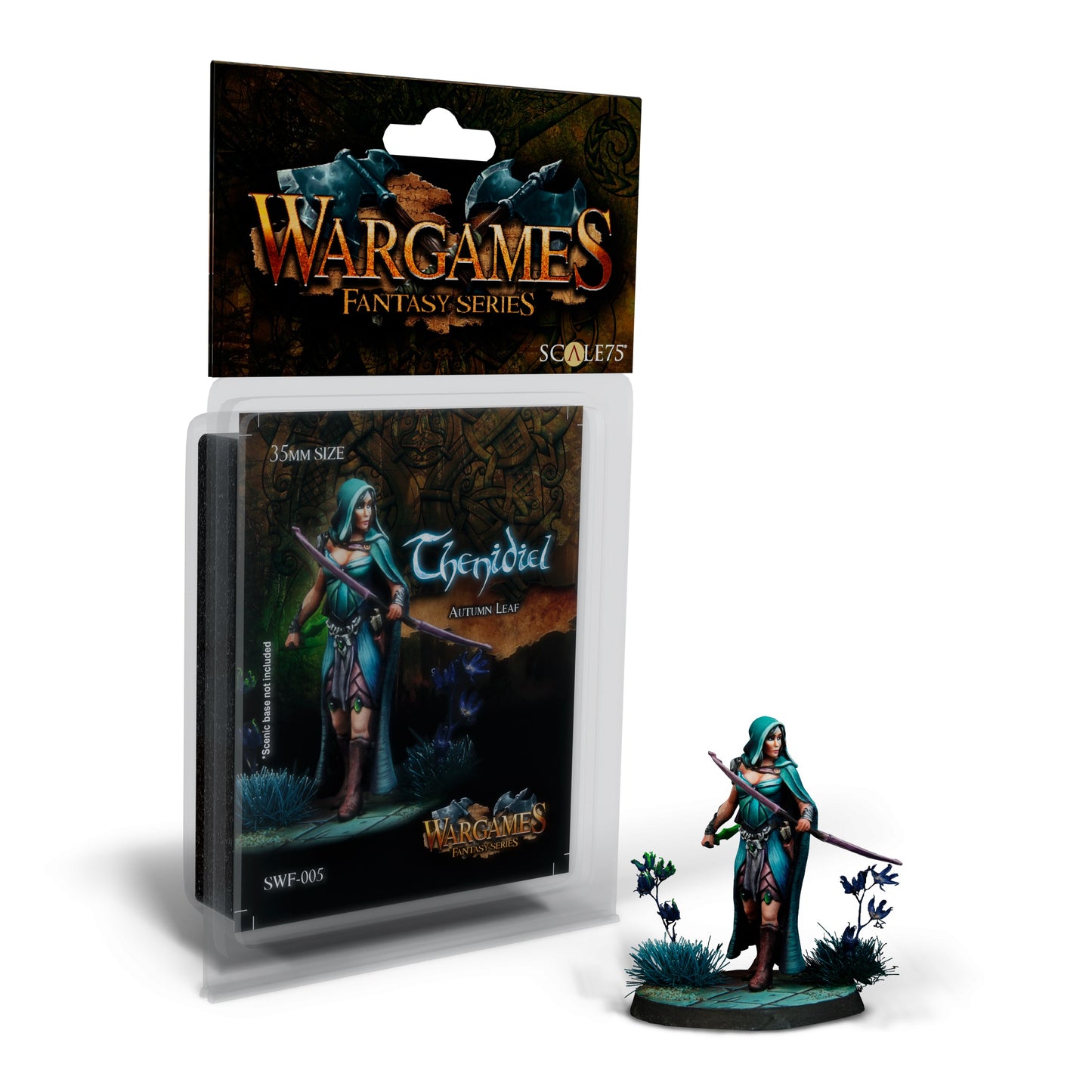 Painted fantasy miniature of 'Chenidiel Autumn Leaf' in a hooded cloak holding a staff, displayed with its retail packaging.