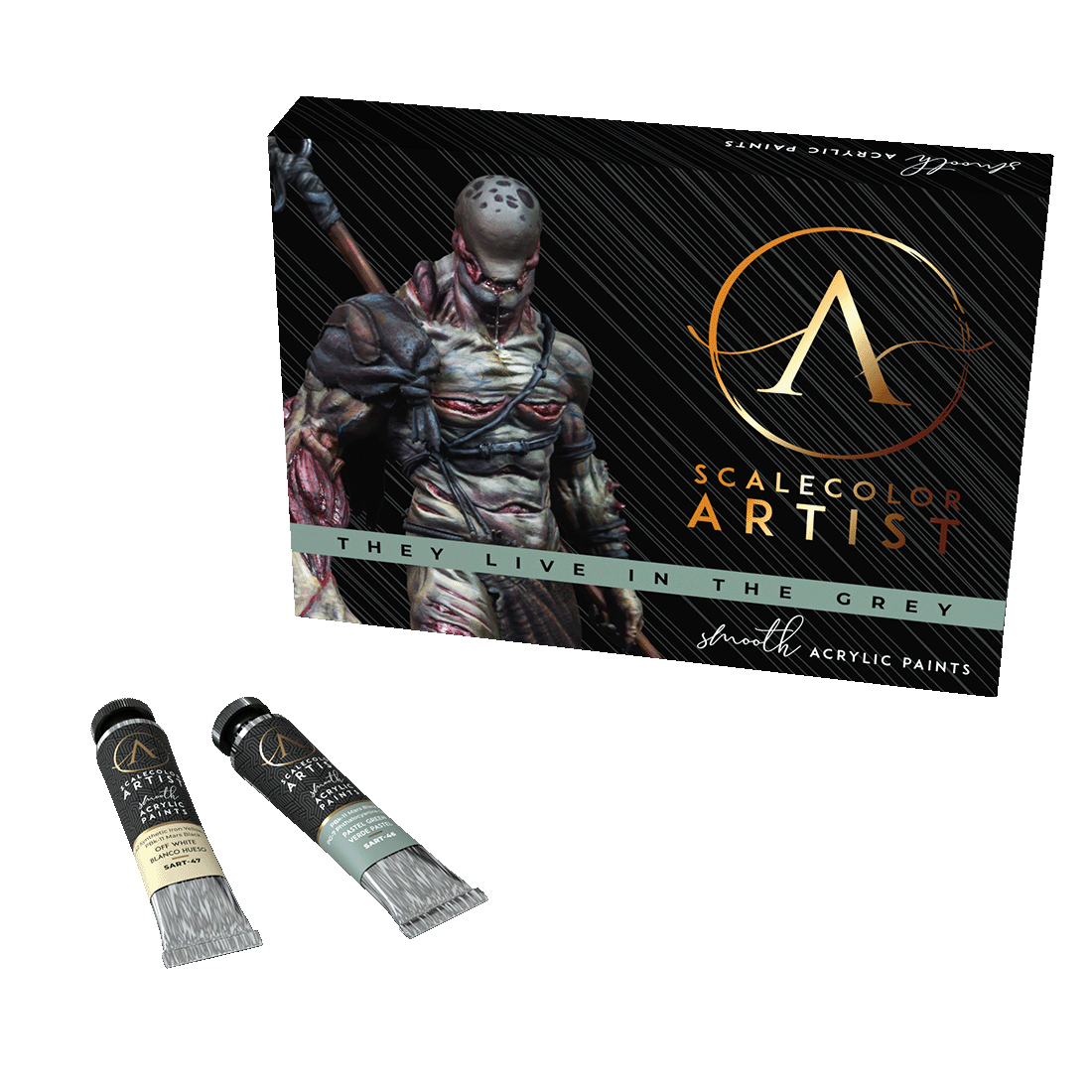 Scalecolor Artist acrylic paint set box featuring a grey monster. Includes ivory white and pastel green paint tubes.