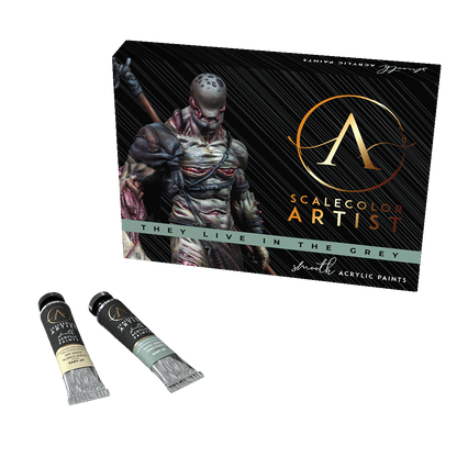 Scalecolor Artist acrylic paint set box featuring a grey monster. Includes ivory white and pastel green paint tubes.