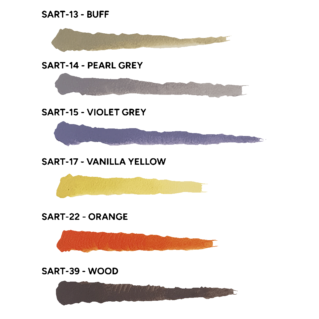 Six labeled paint brushstrokes: Buff, Pearl Grey, Violet Grey, Vanilla Yellow, Orange, Wood.